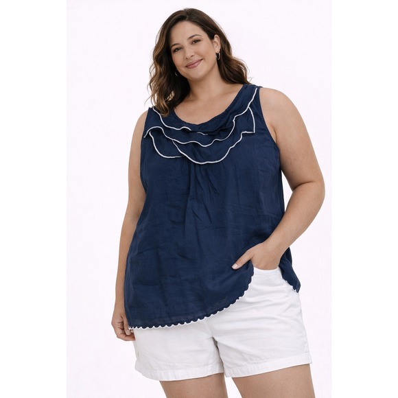 Tommy Hilfiger Tops - Tommy Hilfiger Tank Top Womens Medium Navy Ruffle Neck Contrast Stitch Nautical